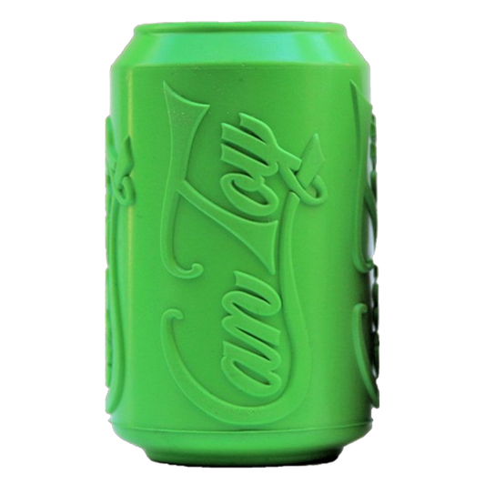 Green rubber Can Toy treat dispenser shaped like a soda can, with an open cavity for kibble
