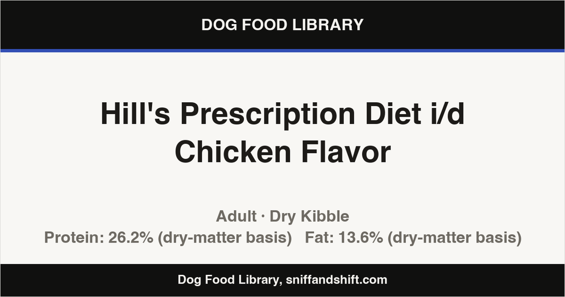 Spec card for Hill's Prescription Diet i/d Chicken Flavor: Dry Kibble, Adult