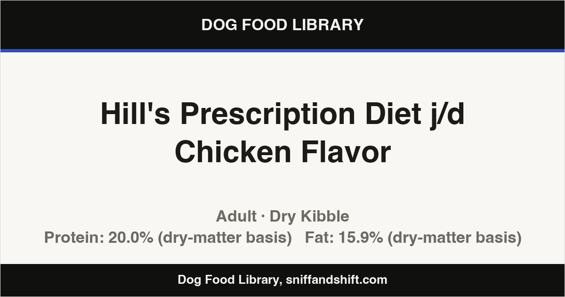 Spec card for Hill's Prescription Diet j/d Chicken Flavor: Dry Kibble, Adult