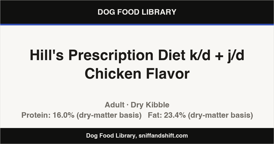 Spec card for Hill's Prescription Diet k/d + j/d Chicken Flavor: Dry Kibble, Adult