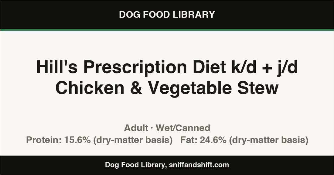 Spec card for Hill's Prescription Diet k/d + j/d Chicken & Vegetable Stew: Wet/Canned, Adult