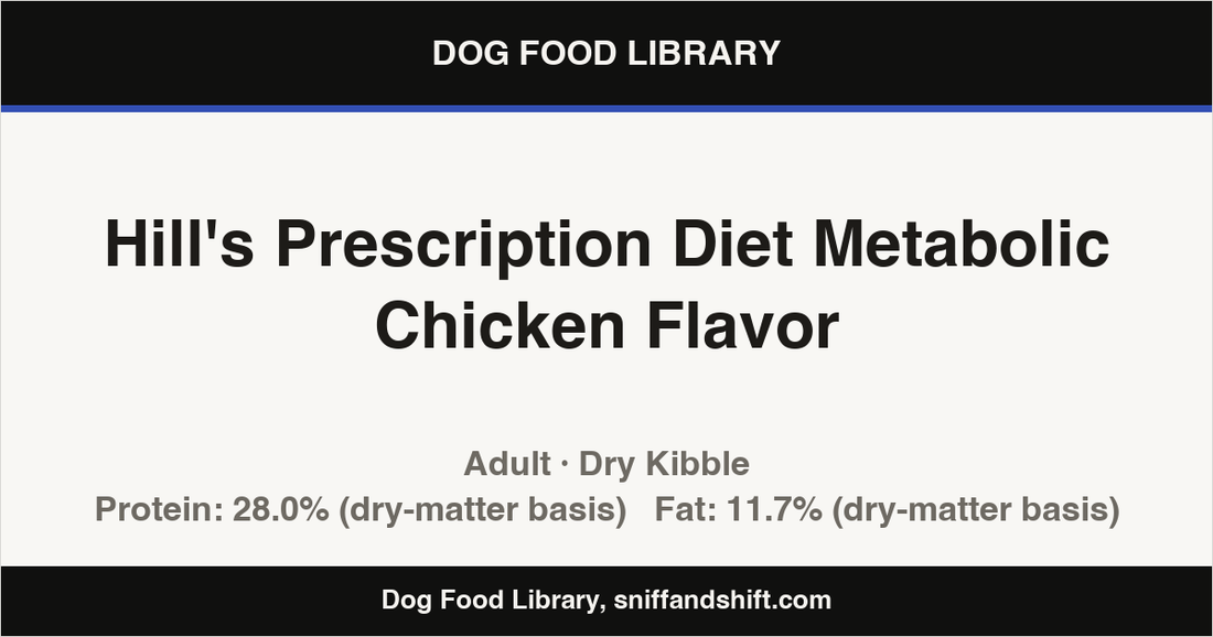 Spec card for Hill's Prescription Diet Metabolic Chicken Flavor: Dry Kibble, Adult