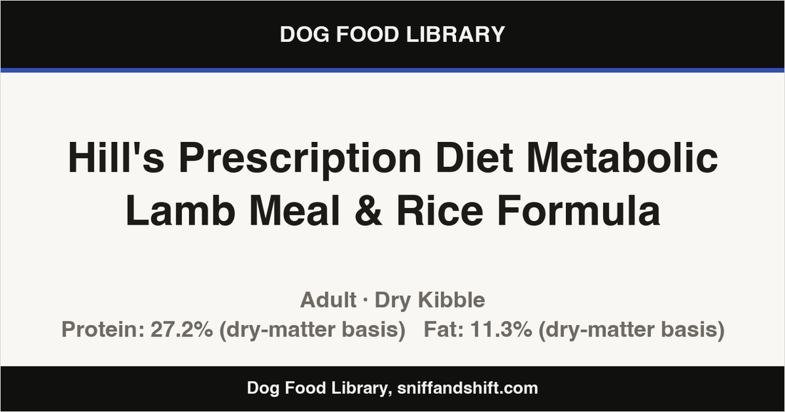 Spec card for Hill's Prescription Diet Metabolic Lamb Meal & Rice Formula: Dry Kibble, Adult