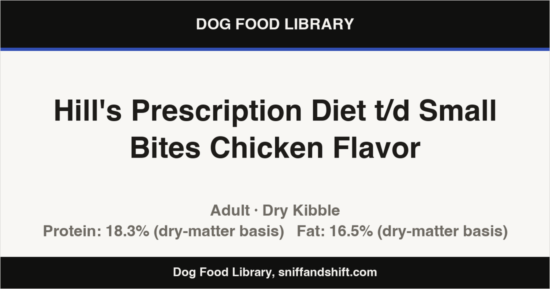 Spec card for Hill's Prescription Diet t/d Small Bites Chicken Flavor: Dry Kibble, Adult