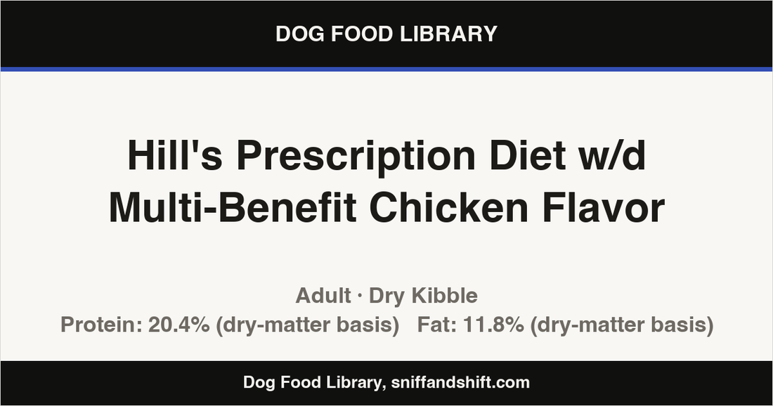 Spec card for Hill's Prescription Diet w/d Multi-Benefit Chicken Flavor: Dry Kibble, Adult