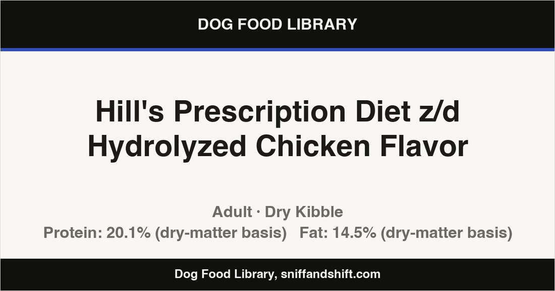 Spec card for Hill's Prescription Diet z/d Hydrolyzed Chicken Flavor: Dry Kibble, Adult
