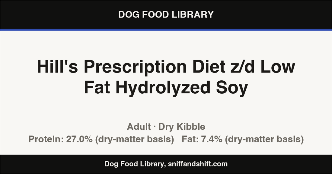 Spec card for Hill's Prescription Diet z/d Low Fat Hydrolyzed Soy: Dry Kibble, Adult