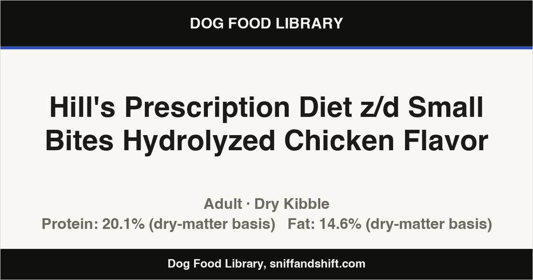 Spec card for Hill's Prescription Diet z/d Small Bites Hydrolyzed Chicken Flavor: Dry Kibble, Adult