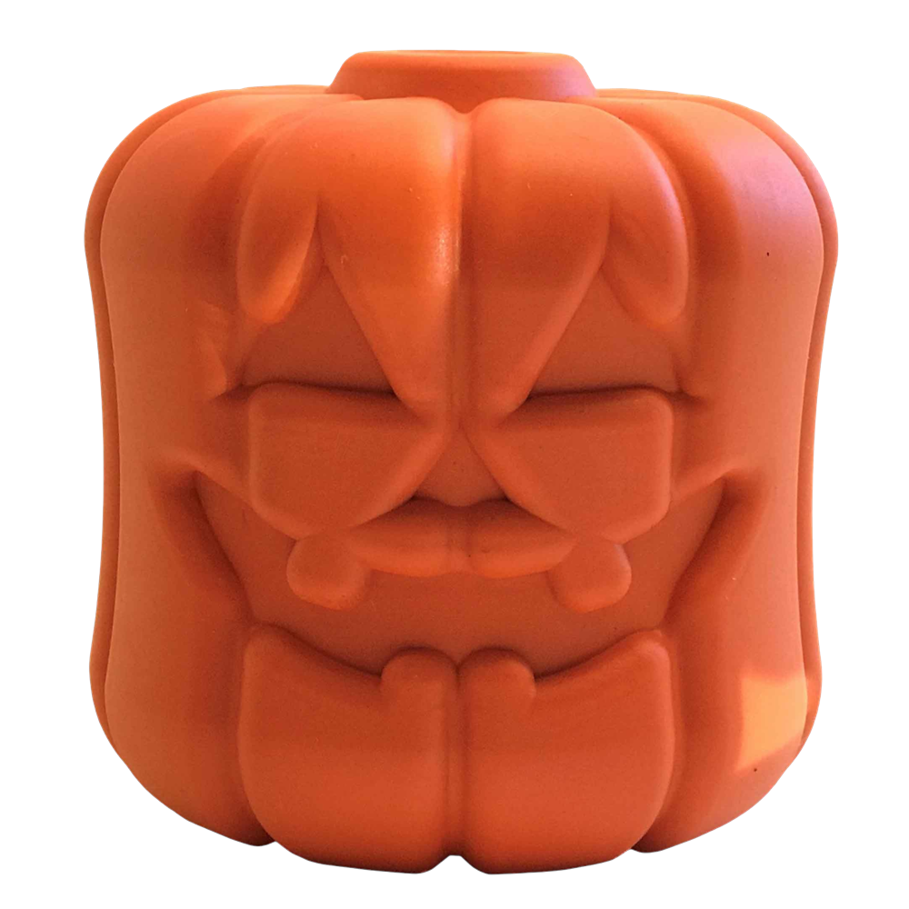 Orange rubber Jack O Lantern treat dispenser with a carved face