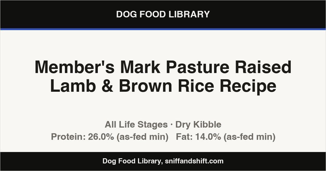Spec card for Member's Mark Pasture Raised Lamb & Brown Rice Recipe: Dry Kibble, All Life Stages
