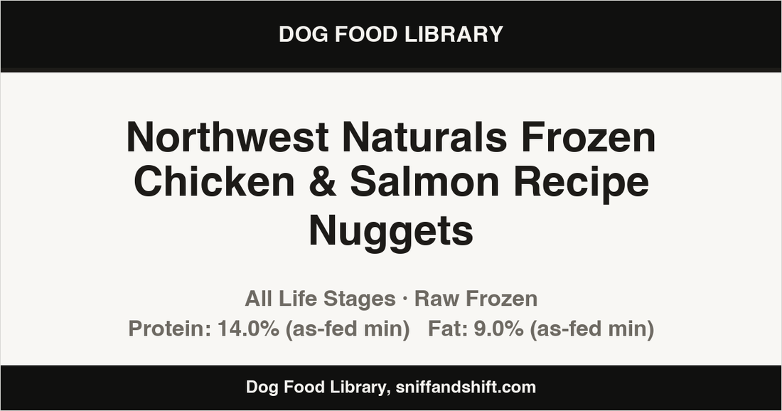 Spec card for Northwest Naturals Frozen Chicken & Salmon Recipe Nuggets: Raw Frozen, All Life Stages