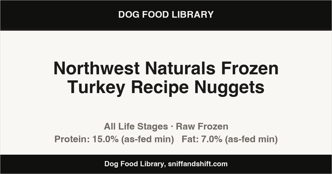 Spec card for Northwest Naturals Frozen Turkey Recipe Nuggets: Raw Frozen, All Life Stages