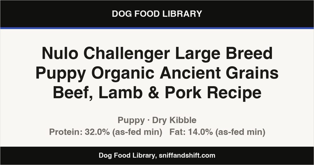 Spec card for Nulo Challenger Large Breed Puppy Organic Ancient Grains Beef, Lamb & Pork Recipe: Dry Kibble, Puppy