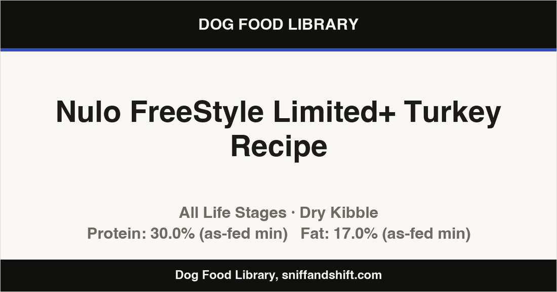 Spec card for Nulo FreeStyle Limited+ Turkey Recipe: Dry Kibble, All Life Stages