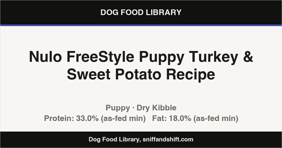 Spec card for Nulo FreeStyle Puppy Turkey & Sweet Potato Recipe: Dry Kibble, Puppy