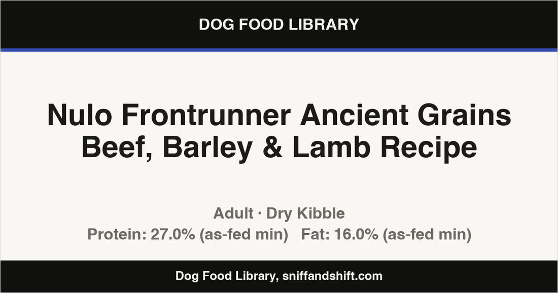 Spec card for Nulo Frontrunner Ancient Grains Beef, Barley & Lamb Recipe: Dry Kibble, Adult