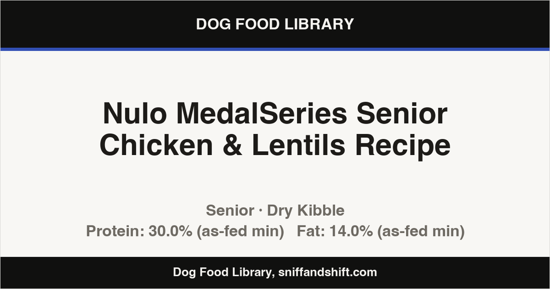Spec card for Nulo MedalSeries Senior Chicken & Lentils Recipe: Dry Kibble, Senior