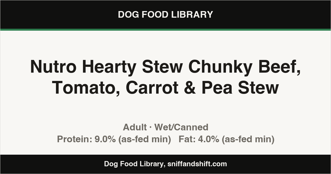 Spec card for Nutro Hearty Stew Chunky Beef, Tomato, Carrot & Pea Stew: Wet/Canned, Adult