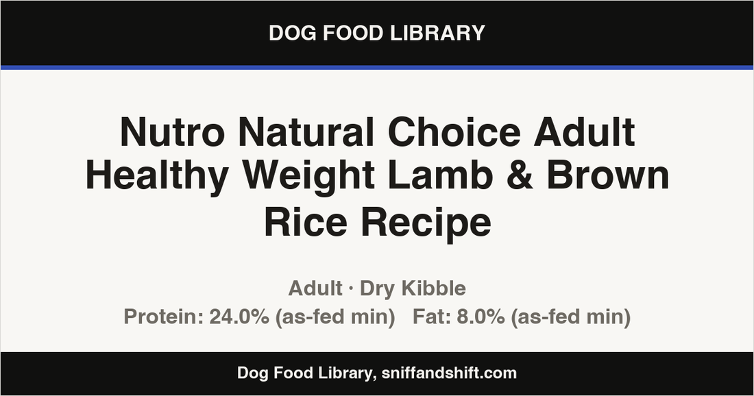 Spec card for Nutro Natural Choice Adult Healthy Weight Lamb & Brown Rice Recipe: Dry Kibble, Adult