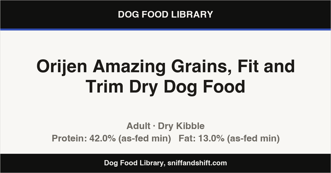 Spec card for Orijen Amazing Grains, Fit and Trim Dry Dog Food: Dry Kibble, Adult