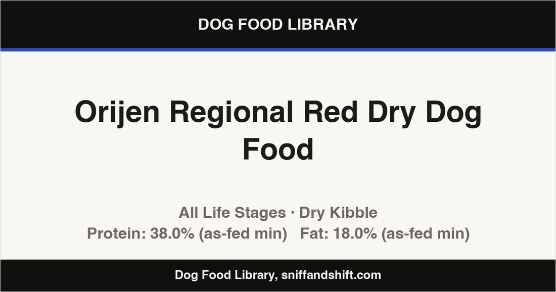 Spec card for Orijen Regional Red Dry Dog Food: Dry Kibble, All Life Stages