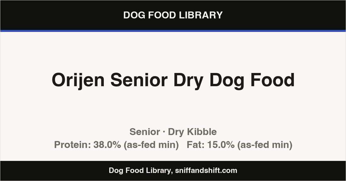 Spec card for Orijen Senior Dry Dog Food: Dry Kibble, Senior