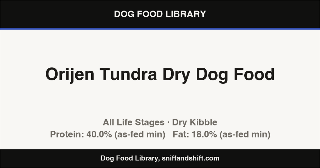 Spec card for Orijen Tundra Dry Dog Food: Dry Kibble, All Life Stages
