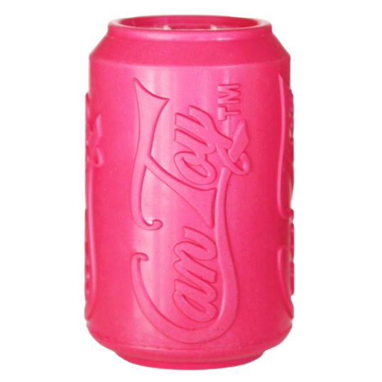 Pink SodaPup Puppy Can Toy, a small rubber treat dispenser shaped like a soda can, sized for puppies under 15 pounds