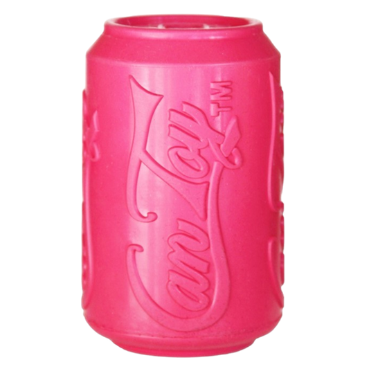 Pink SodaPup Puppy Can Toy, a small rubber treat dispenser shaped like a soda can, sized for puppies under 15 pounds