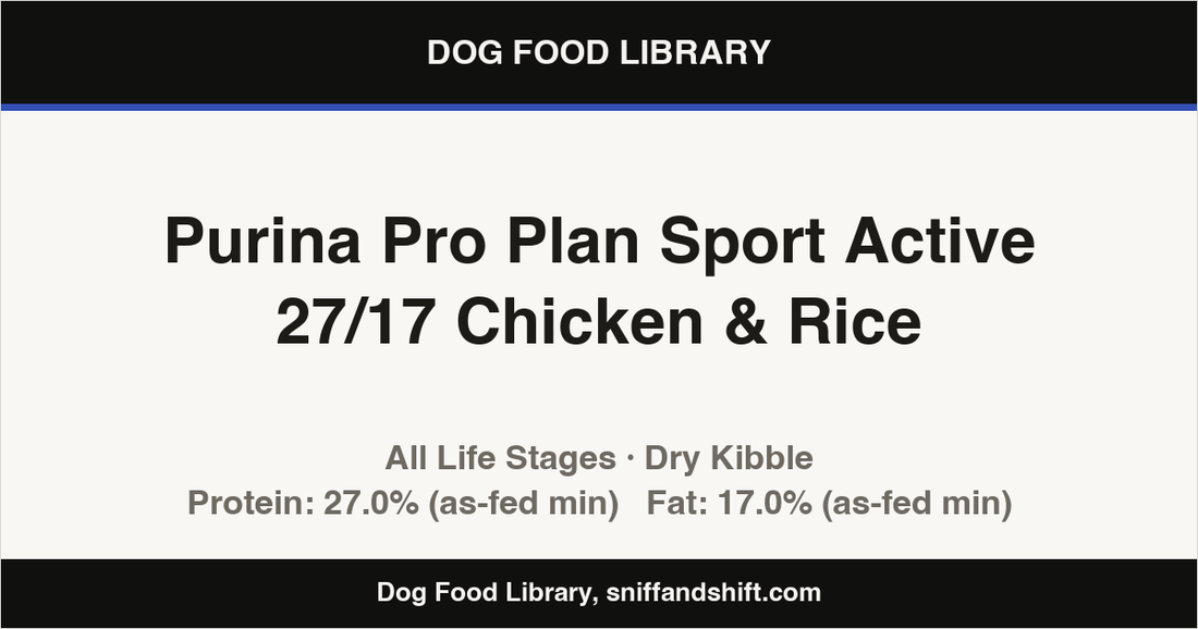 Spec card for Purina Pro Plan Sport Active 27/17 Chicken & Rice: Dry Kibble, All Life Stages