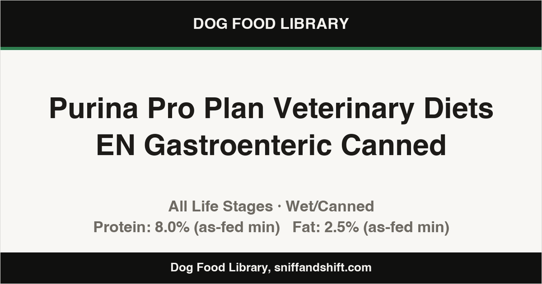 Spec card for Purina Pro Plan Veterinary Diets EN Gastroenteric Canned: Wet/Canned, All Life Stages