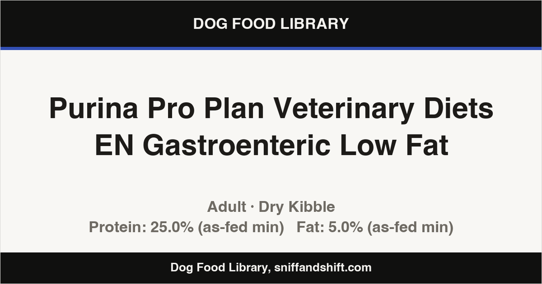 Spec card for Purina Pro Plan Veterinary Diets EN Gastroenteric Low Fat: Dry Kibble, Adult