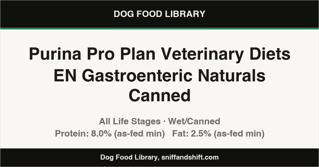 Spec card for Purina Pro Plan Veterinary Diets EN Gastroenteric Naturals Canned: Wet/Canned, All Life Stages