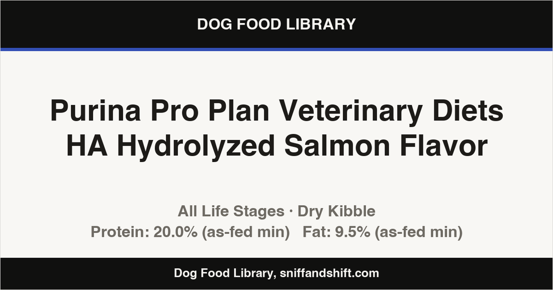 Spec card for Purina Pro Plan Veterinary Diets HA Hydrolyzed Salmon Flavor: Dry Kibble, All Life Stages