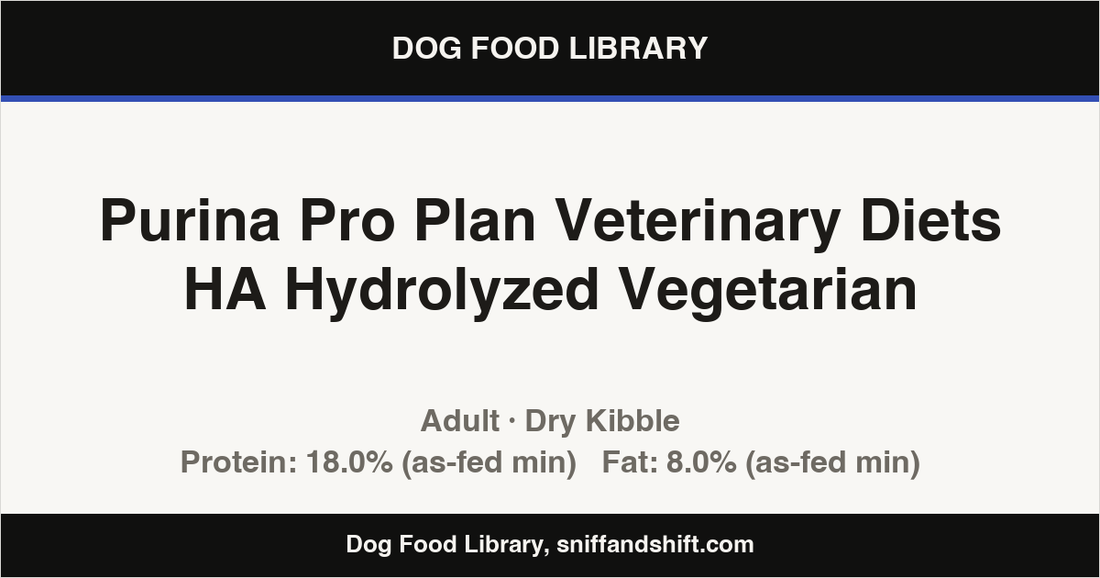 Spec card for Purina Pro Plan Veterinary Diets HA Hydrolyzed Vegetarian: Dry Kibble, Adult