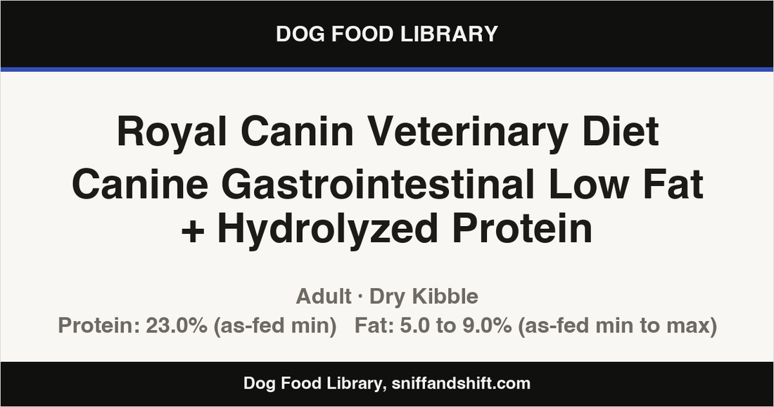 Spec card for Royal Canin Veterinary Diet Canine Gastrointestinal Low Fat + Hydrolyzed Protein: Dry Kibble, Adult