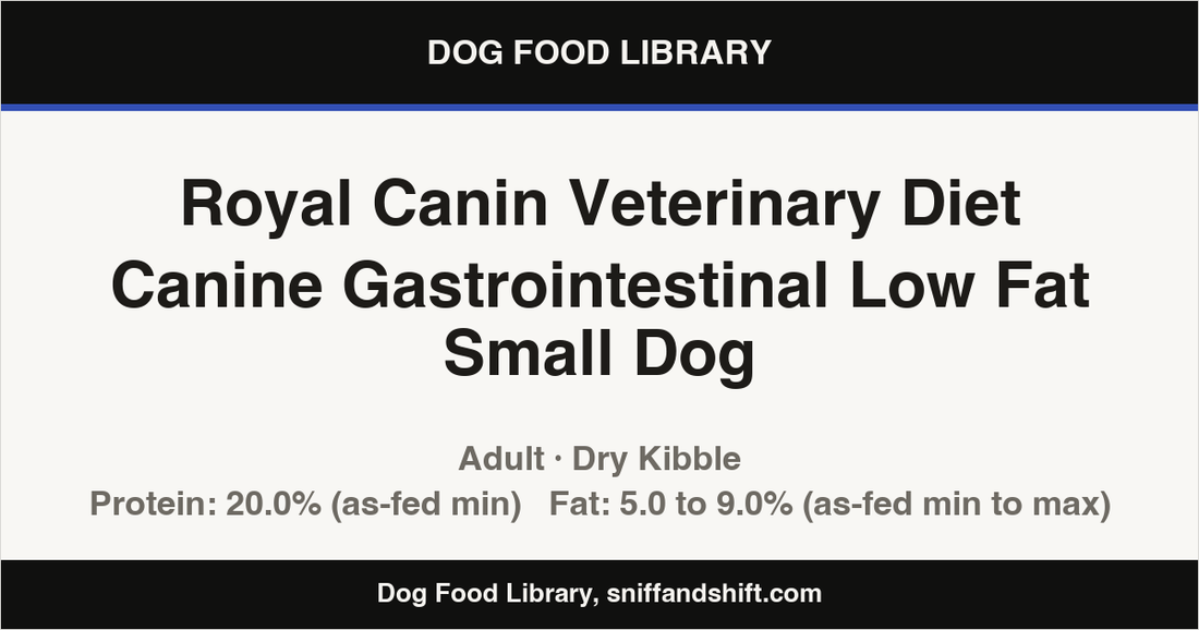 Spec card for Royal Canin Veterinary Diet Canine Gastrointestinal Low Fat Small Dog: Dry Kibble, Adult