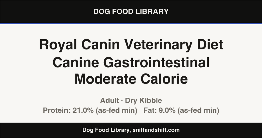 Spec card for Royal Canin Veterinary Diet Canine Gastrointestinal Moderate Calorie: Dry Kibble, Adult