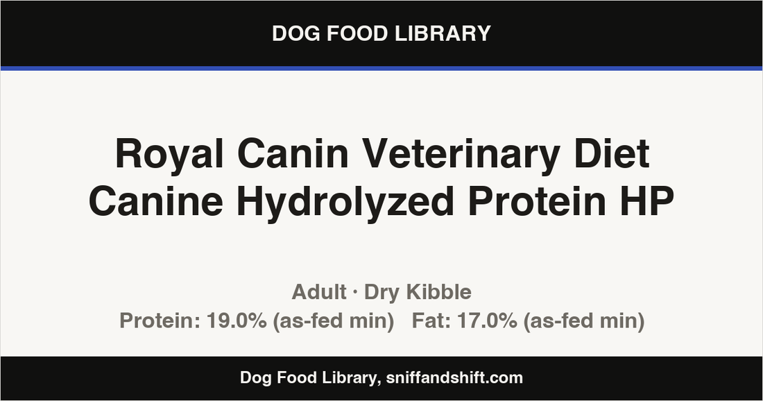 Spec card for Royal Canin Veterinary Diet Canine Hydrolyzed Protein HP: Dry Kibble, Adult