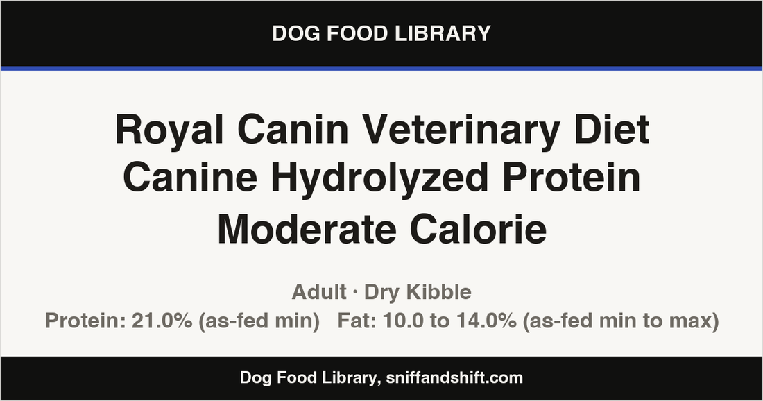 Spec card for Royal Canin Veterinary Diet Canine Hydrolyzed Protein Moderate Calorie: Dry Kibble, Adult