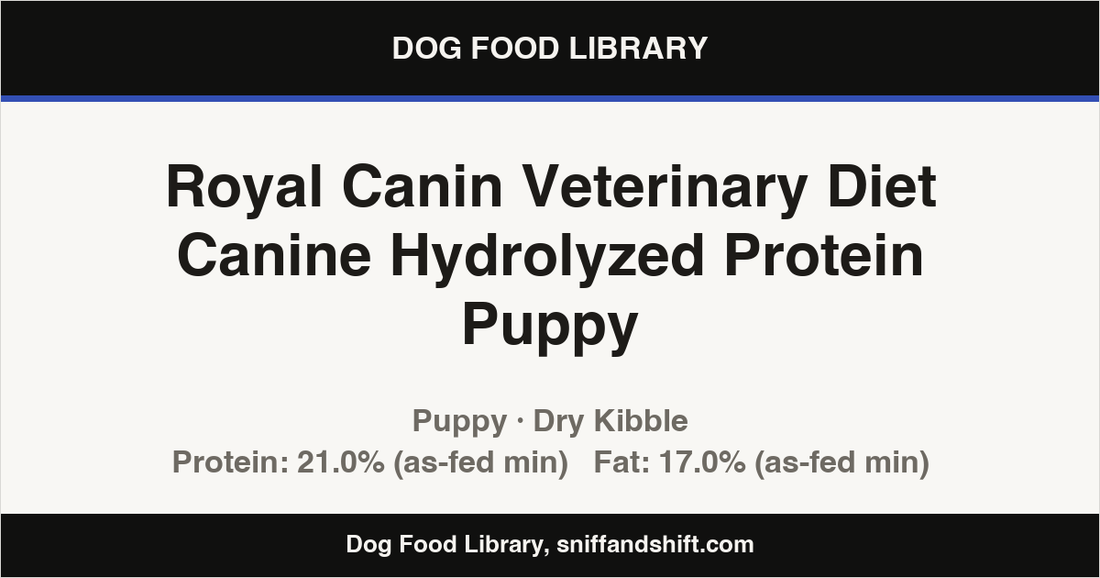 Spec card for Royal Canin Veterinary Diet Canine Hydrolyzed Protein Puppy: Dry Kibble, Puppy