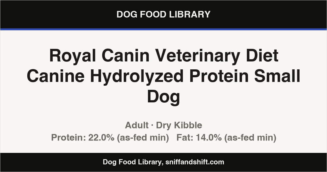 Spec card for Royal Canin Veterinary Diet Canine Hydrolyzed Protein Small Dog: Dry Kibble, Adult