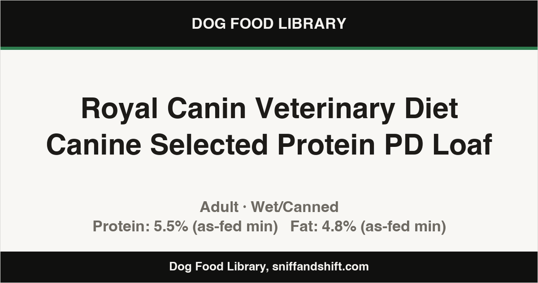 Spec card for Royal Canin Veterinary Diet Canine Selected Protein PD Loaf: Wet/Canned, Adult