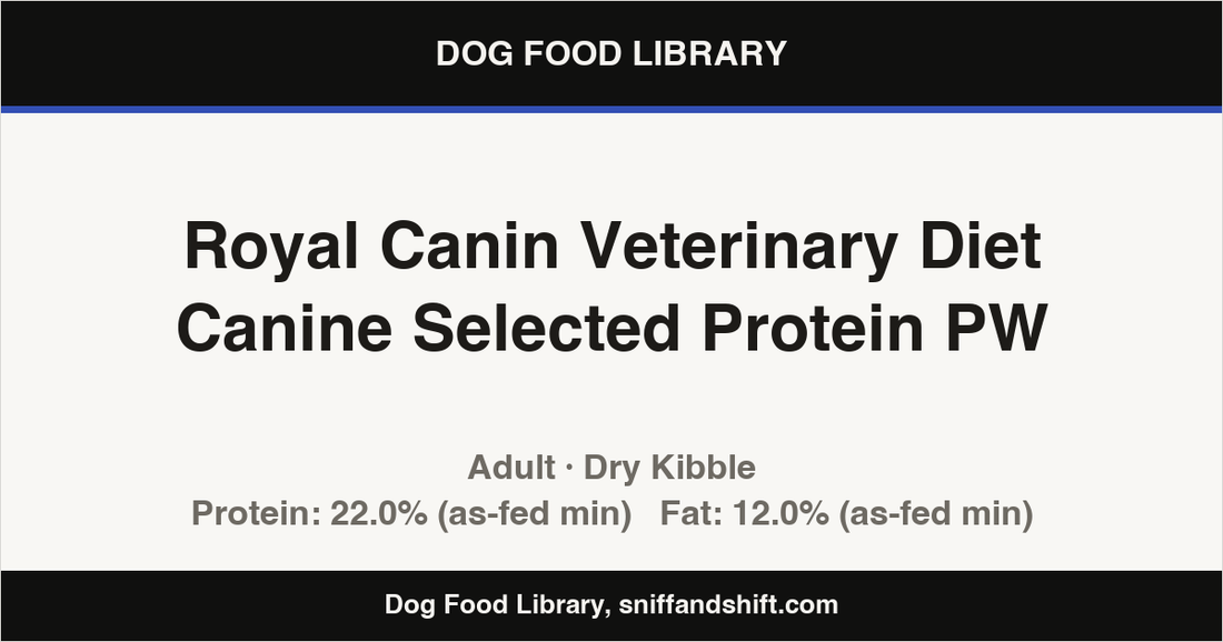 Spec card for Royal Canin Veterinary Diet Canine Selected Protein PW: Dry Kibble, Adult