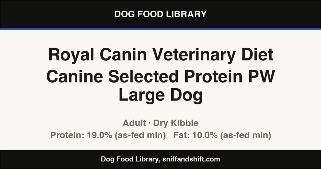 Spec card for Royal Canin Veterinary Diet Canine Selected Protein PW Large Dog: Dry Kibble, Adult