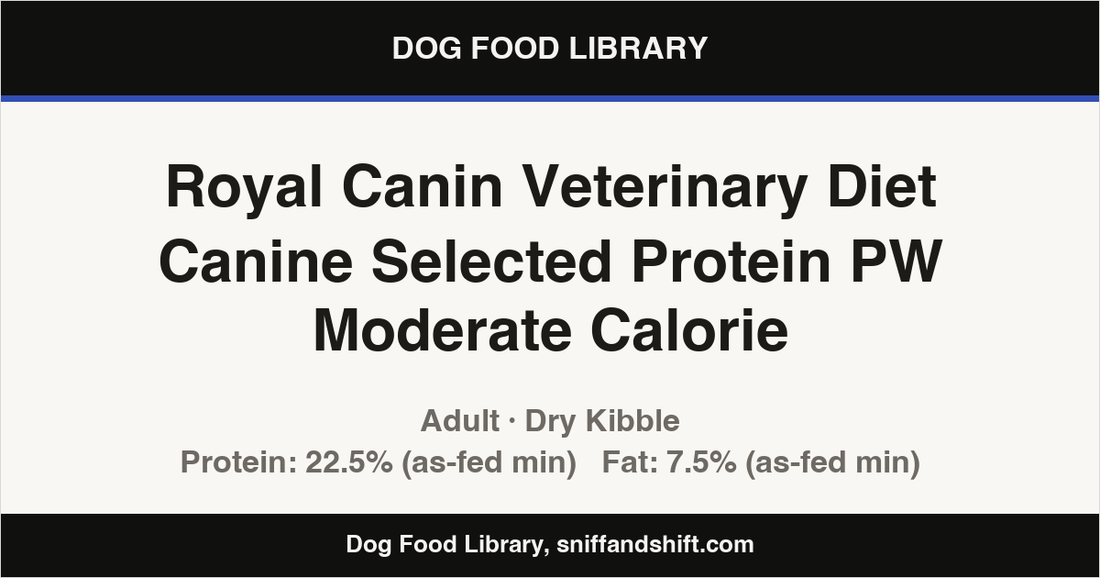 Spec card for Royal Canin Veterinary Diet Canine Selected Protein PW Moderate Calorie: Dry Kibble, Adult