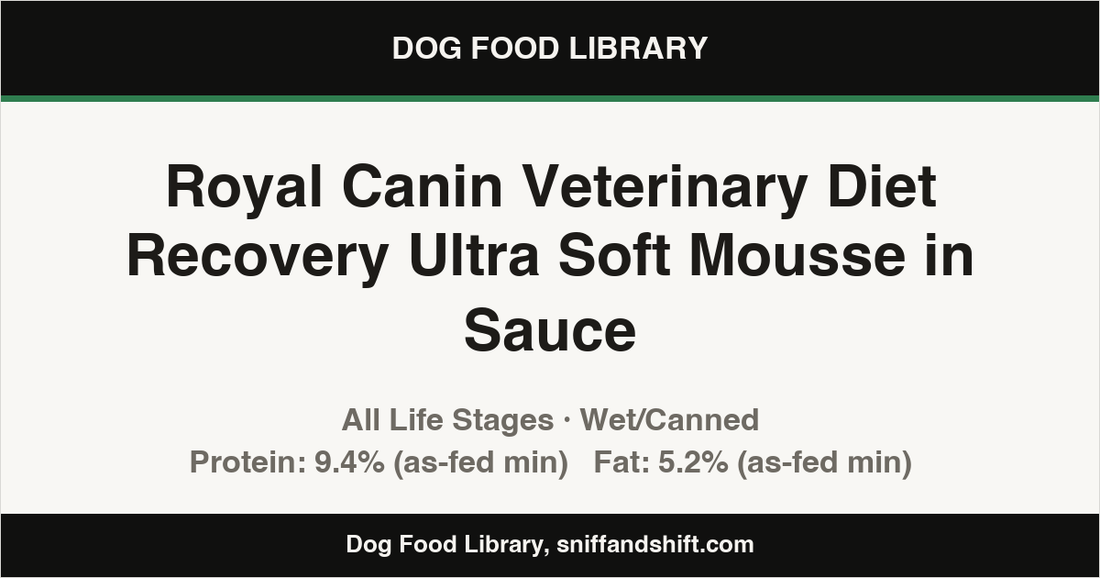 Spec card for Royal Canin Veterinary Diet Recovery Ultra Soft Mousse in Sauce: Wet/Canned, All Life Stages