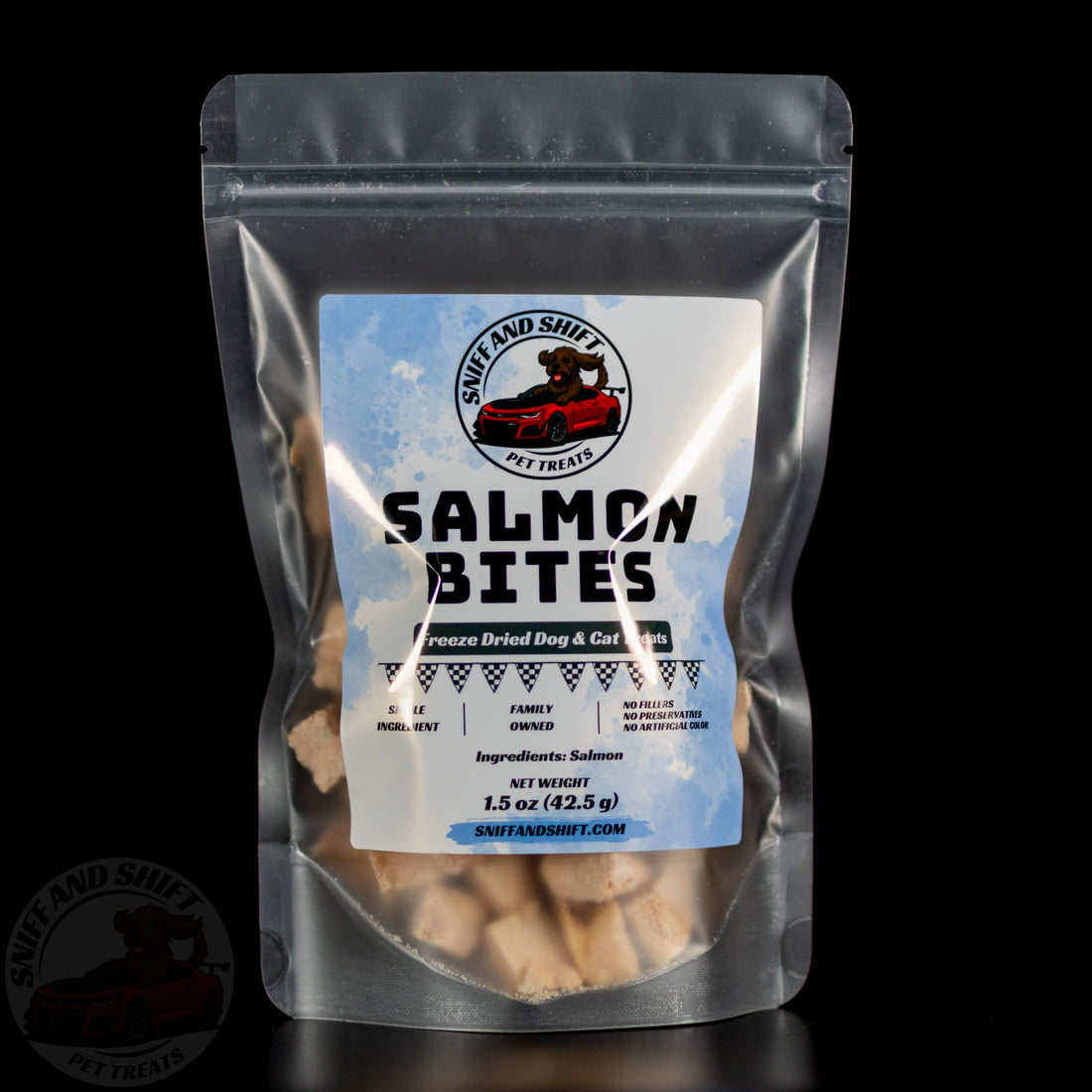 Sniff and Shift Seafood Sampler freeze-dried pink salmon, one of the three proteins in the recall training kit