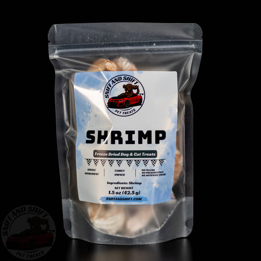 A 1.5 ounce bag of Sniff and Shift freeze-dried raw shrimp, the threshold rate treat in the counter conditioning kit