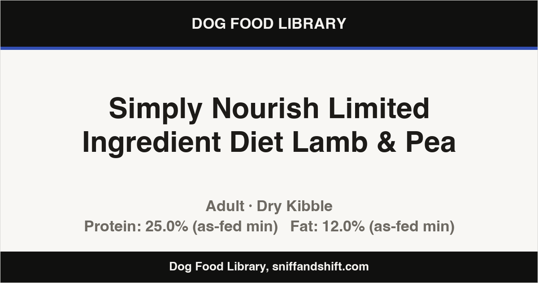 Spec card for Simply Nourish Limited Ingredient Diet Lamb & Pea: Dry Kibble, Adult